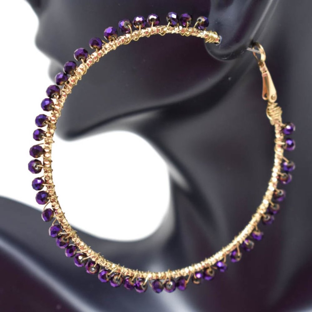 Thin Wired Hematite Purple Crystal Beads Earrings